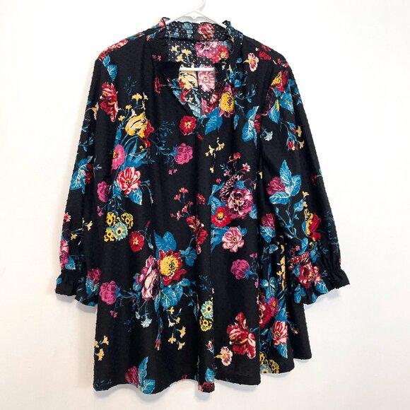 LANE BRYANT Plus Size Smocked Notch Neck Swing Top Black Multi Floral 3/4 Sleeve - Picture 1 of 15
